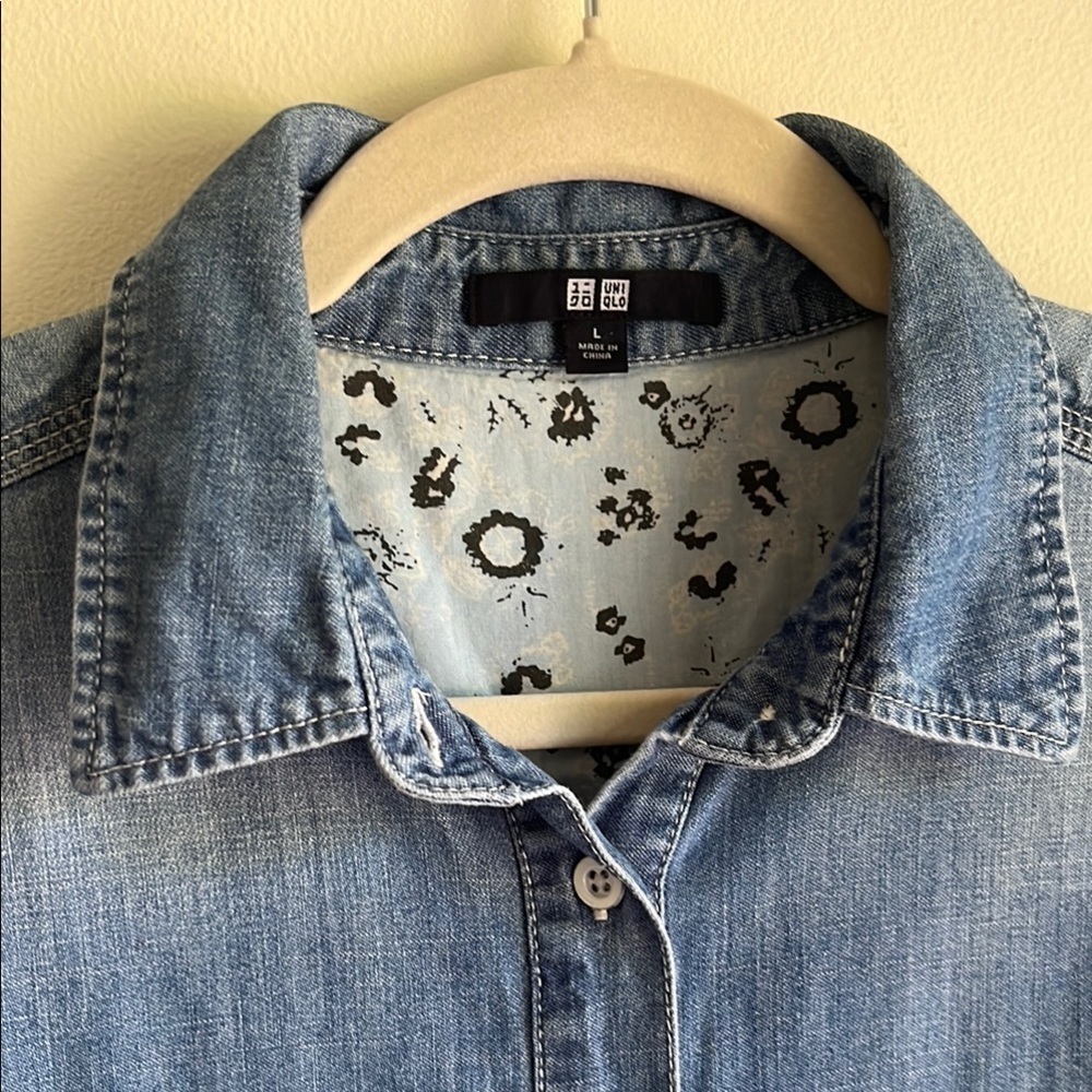 Uniqlo Women’s Denim Long Sleeve Popover Shirt Dress Tunic Top Button Front Sz L - Picture 4 of 13